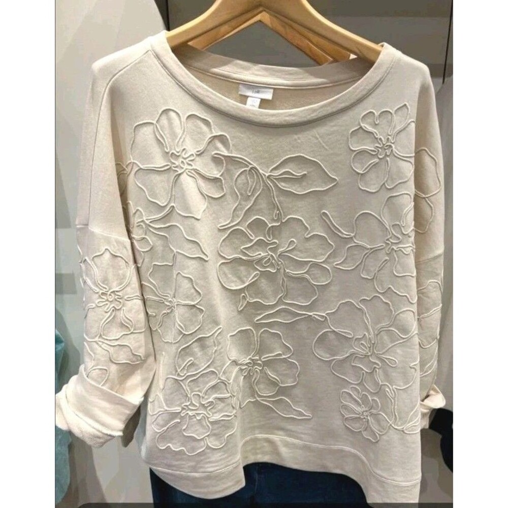 J Jill Embroidered Floral Soutache Sweatshirt 100% Cotton Pullover Cottage Top L